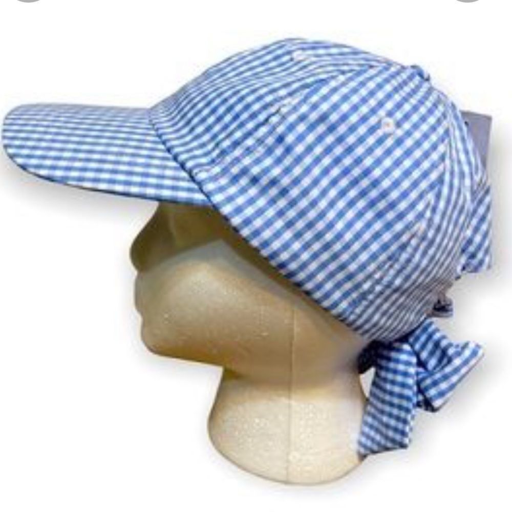 Inc Blue Check Cap Hat Bow Back One Size Stretchy Back Cotton Summer Vacation